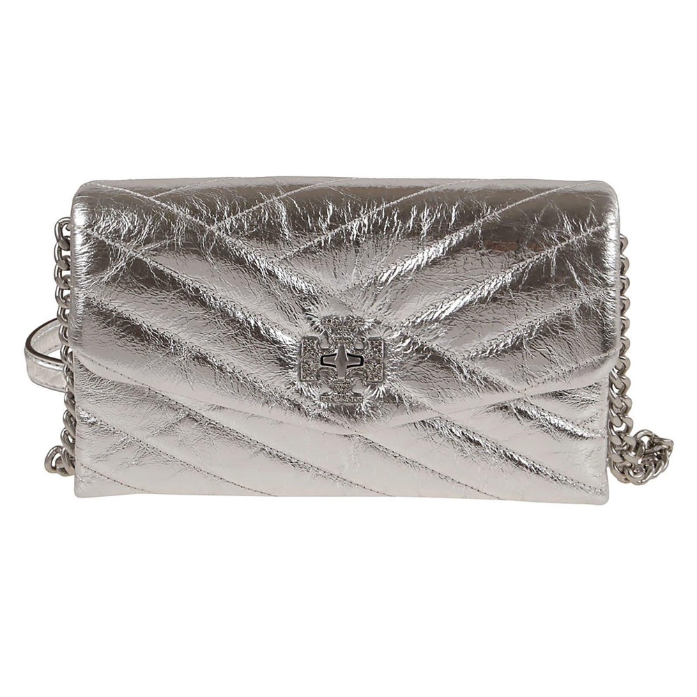 Tory Burch Silver Kira Chevron Metallic Pave Logo Chain Wallet
